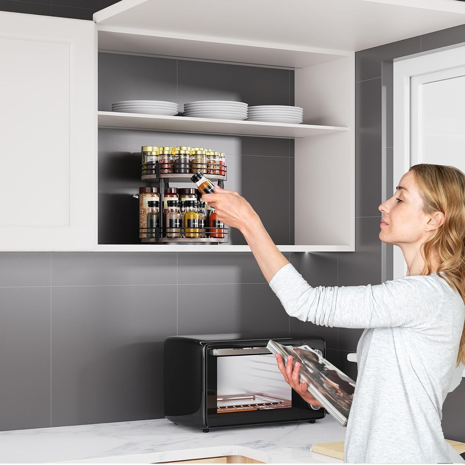 Lazy-Susan-Organizer-Spice-Rack, Rotating Spice Organizer for Cabinet Pantry, Seasoning Holder Spice Shelf with Adjustable Height, Kitchen Counter Shelf Countertop Organizer