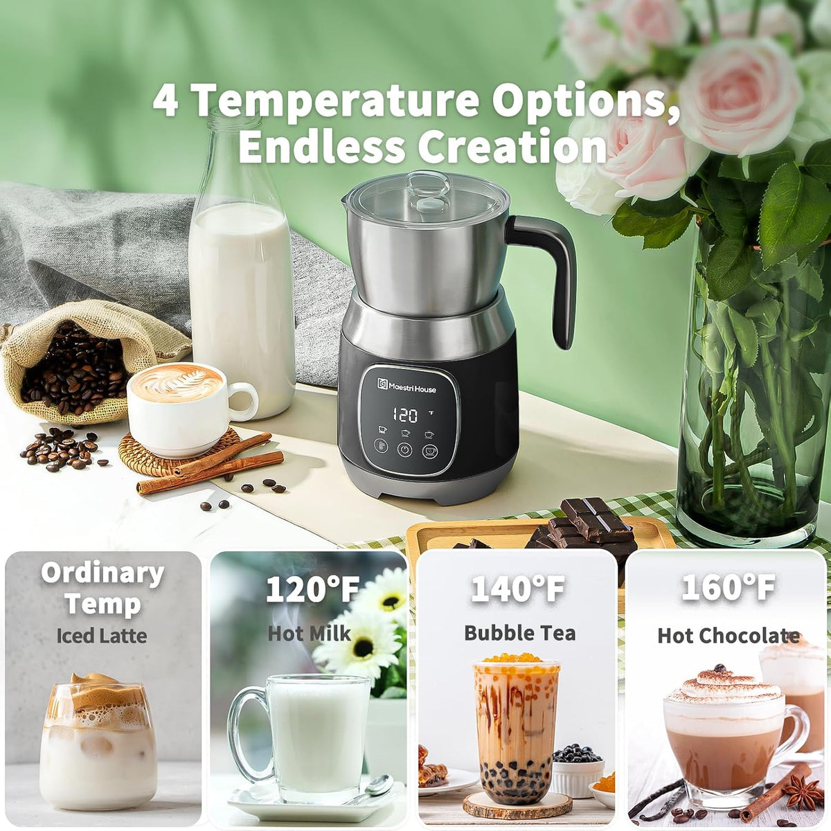 Variable Temp and Froth Thickness Dualfro 600 Milk Frother Steamer Black+ Matcha Powder