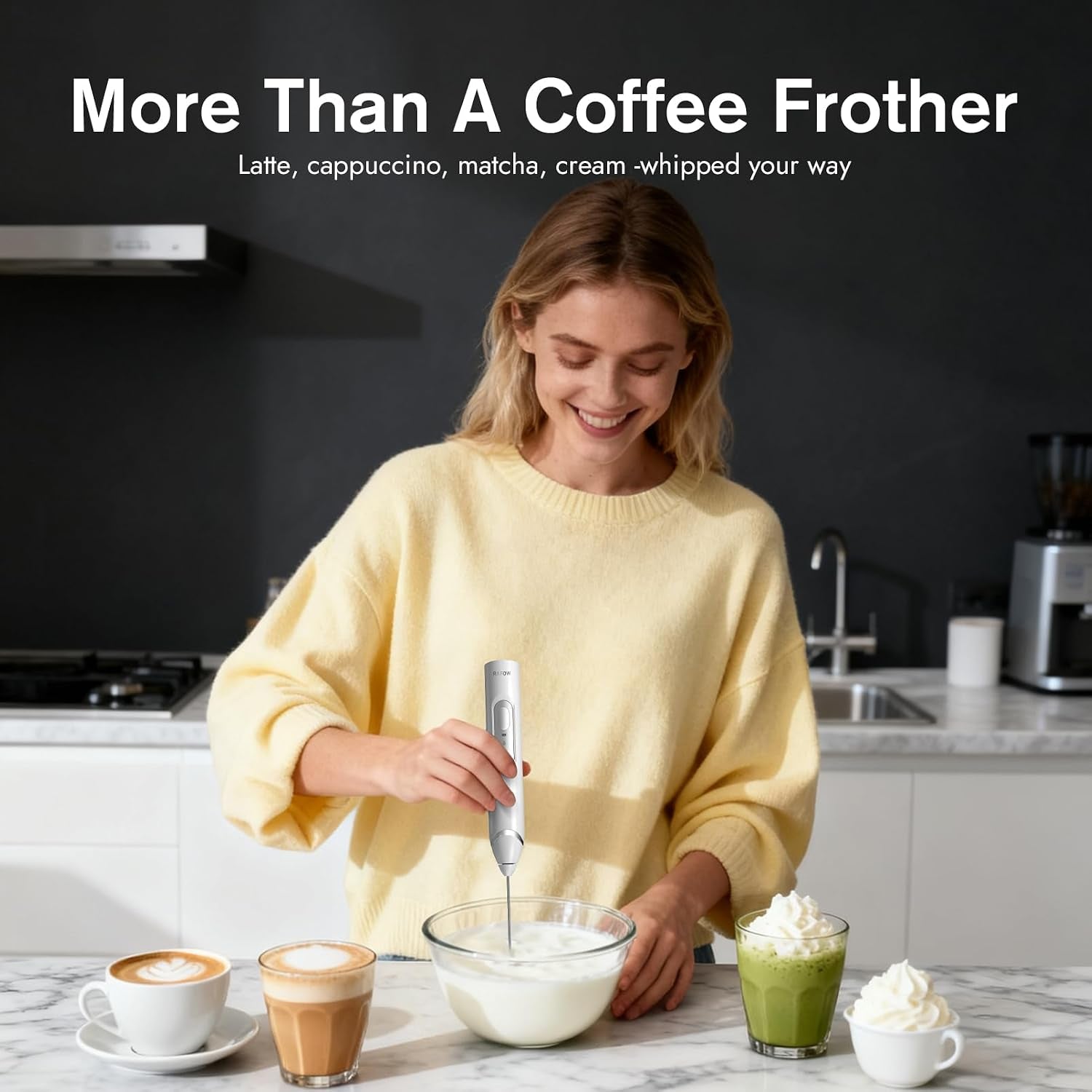 Handheld Electric Milk Frother: Rechargeable Frother Wand with Stand, 3 Speeds & Detachable Double Whisk Drink Mixer, Froth Stirrer for Latte, Cappuccino, Cream, Matcha, Dalgona Coffee - White