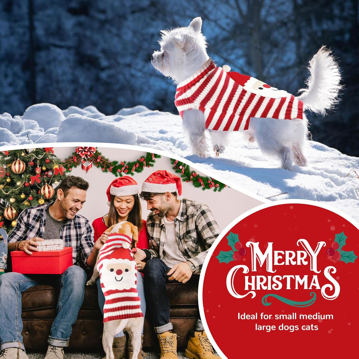 Santa Dog Sweater Christmas Funny Cute Red Striped Cat Sweater Vest Pet Holiday Dog Clothes Puppy Sweaters for Small Medium Large Dogs Cats Fall Winter Outfits Xmas Dogs Costume,Medium