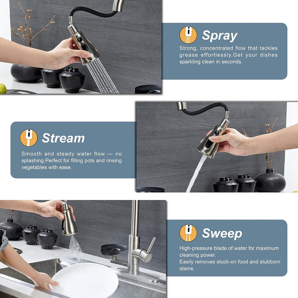 Brushed Nickel Kitchen Faucet with Glass Rinser, Pull down Sprayer with 3 Water Modes, Single Handle Stainless Steel Kitchen Sink Faucet with Deck Plate, Modern High Arc Design