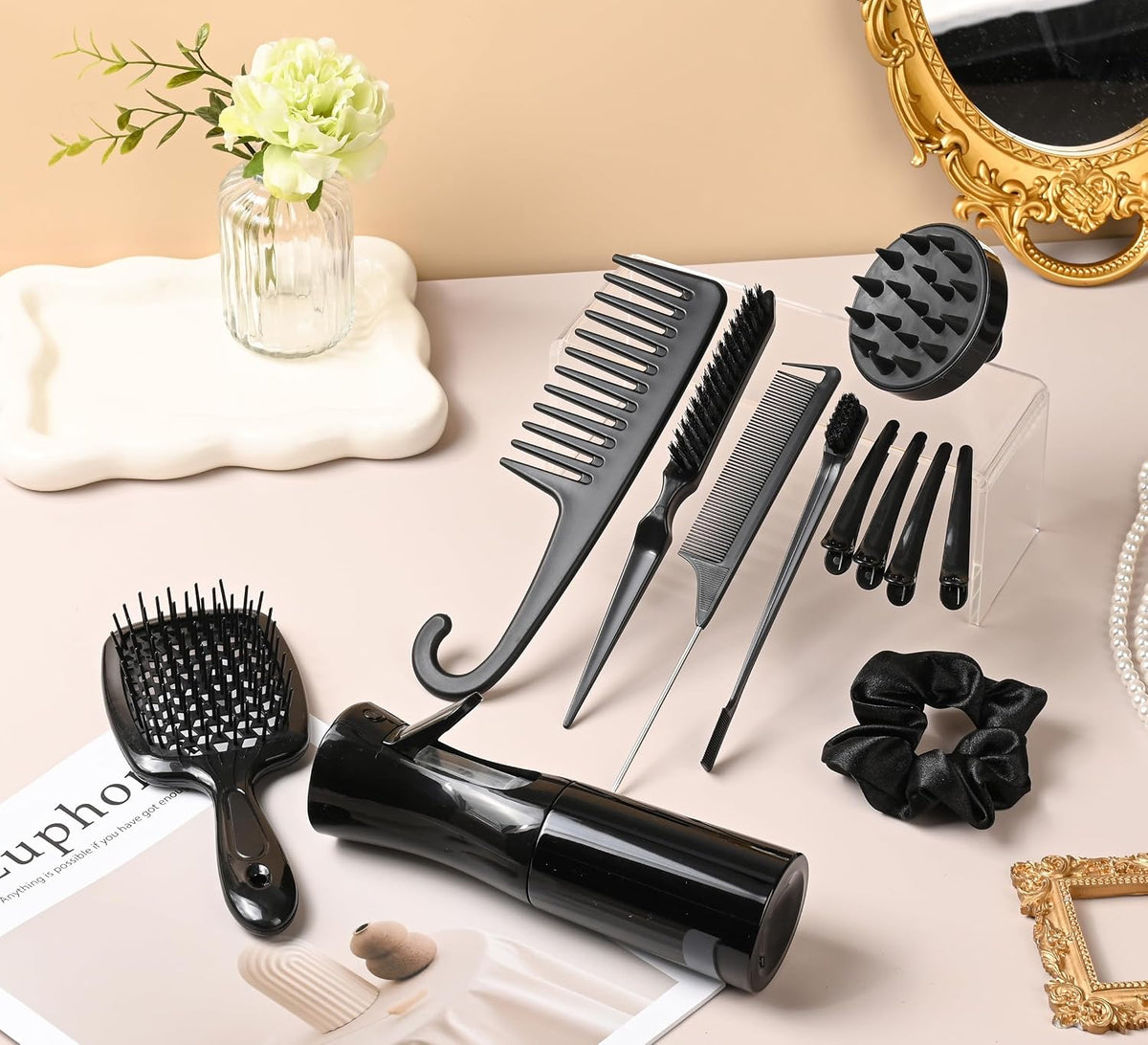 12 Pcs Hair Styling Brush Set with Detangler, Teasing, Rat Tail, Edge Brushes and Baby Hair Brushes - Soft Bristles for Baby Girls and Women (Black)
