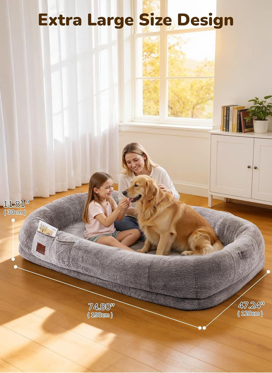 Human Dog Bed 75"X47"X12", Dual-Sided Waterproof Washable Grey